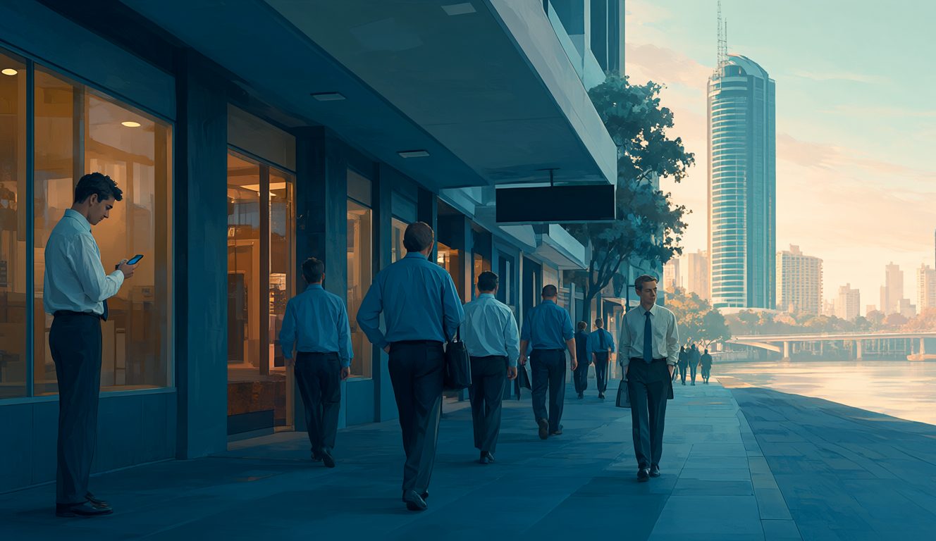 Illustration of office workers walking along a Brisbane riverside street at sunrise, one young worker pausing to check a phone