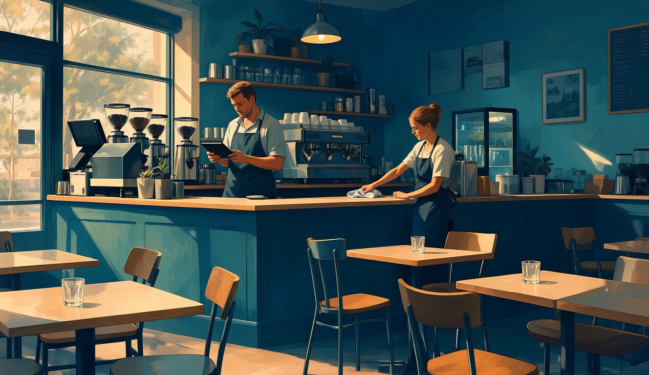 Illustration of a quiet Australian cafe in the afternoon with empty tables, the owner checking a tablet behind the counter while a barista wipes the bench
