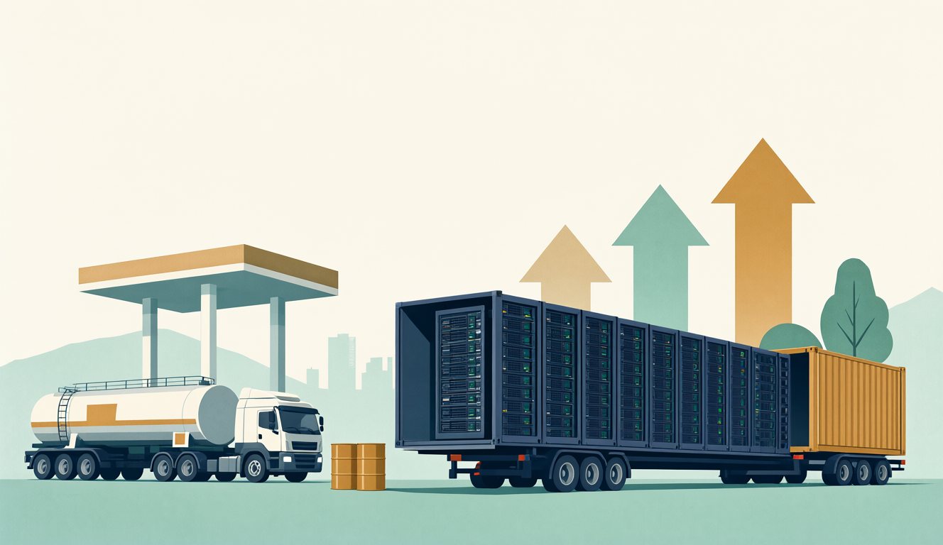 Illustration of data-centre server racks being unloaded from a shipping container beside fuel tanker trucks at a petrol station