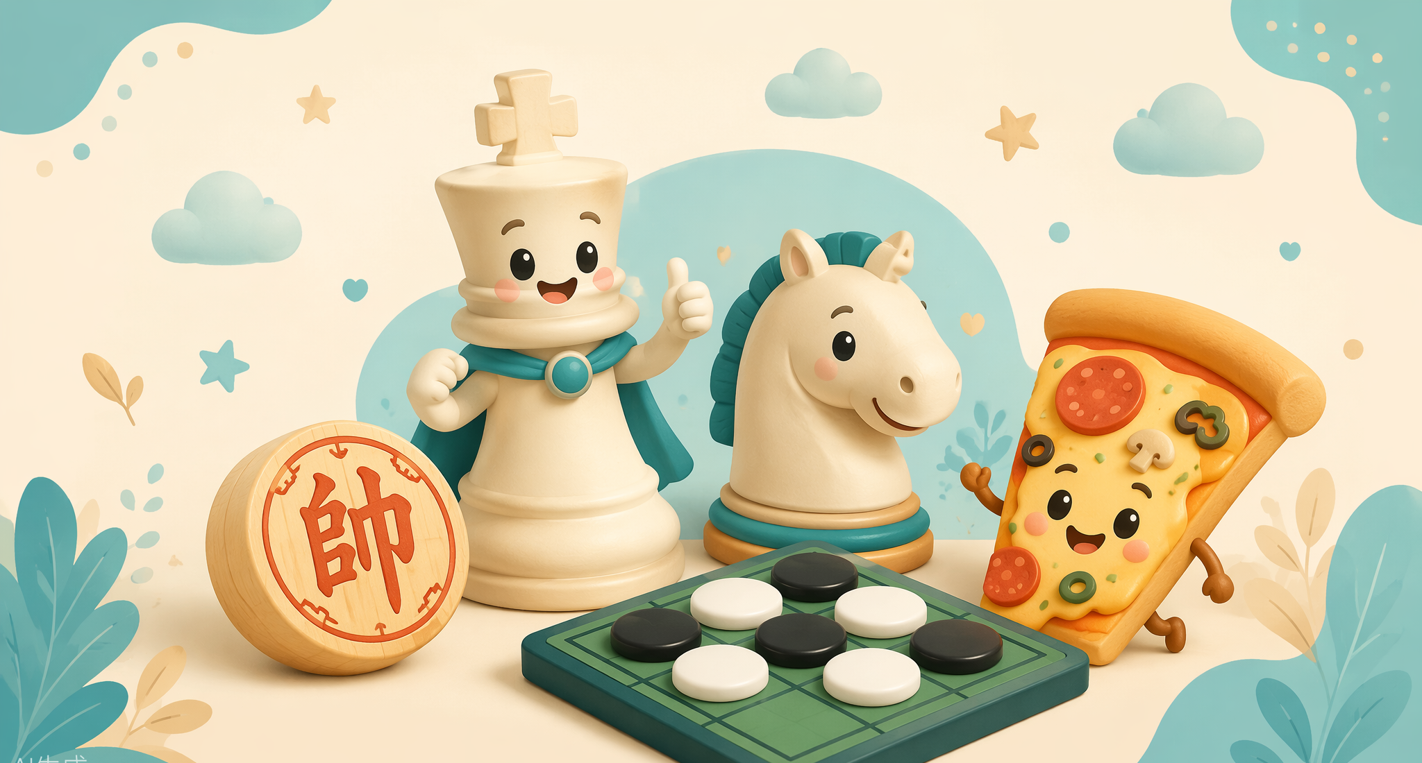Playful illustration of the games collection:a smiling chess king and knight, a Chinese chess piece, Othello discs, and a happy pizza slice character