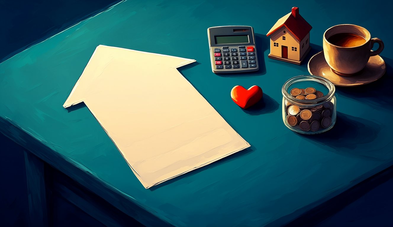 Illustration of a kitchen table seen from above with a blank sheet of paper, a calculator, a jar of coins, a small model house, a red heart and a cup of coffee: setting aside part of your income for health care