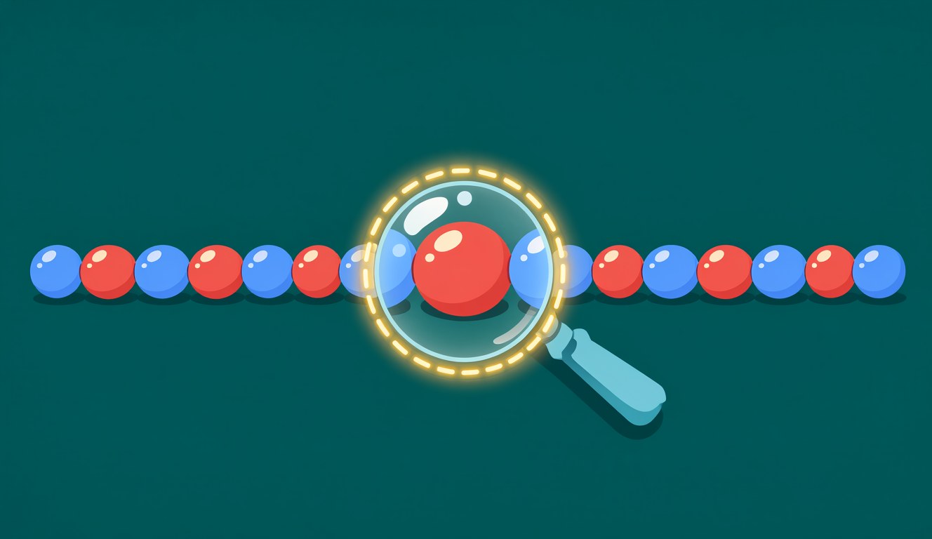 A red-and-blue bead necklace under a magnifying glass, one bead circled by a golden dashed ring