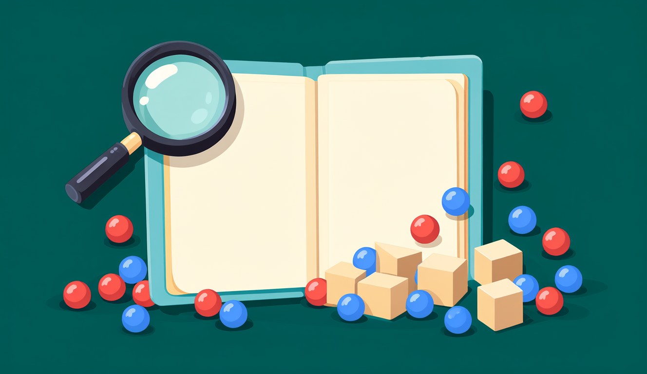 An open detective casebook with a magnifying glass, red and blue beads scattered like clues