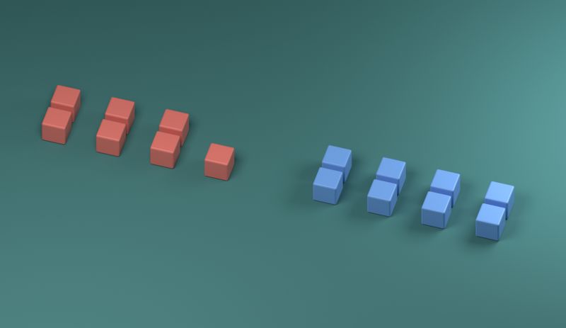 Seven red cubes in three pairs with one left over, and eight blue cubes in four pairs