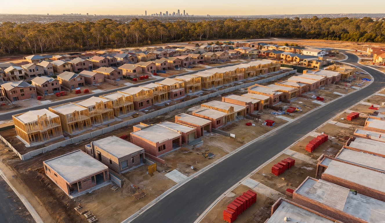 Aerial view of a new Australian housing estate under construction at golden hour