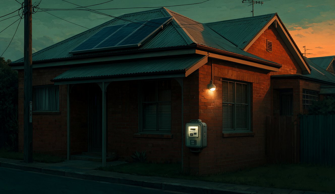 An Australian brick house at dusk with the power meter box glowing on the wall and solar panels on the roof catching the last light