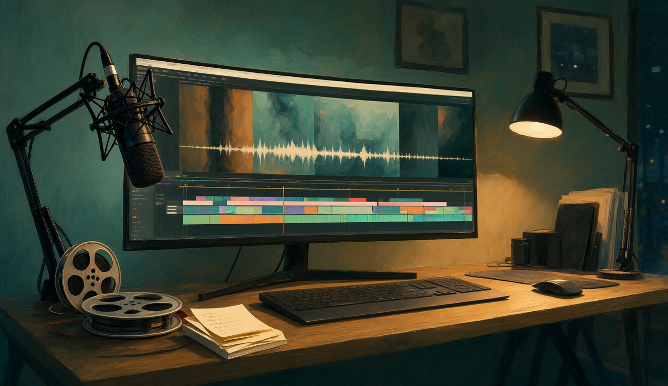 A home studio desk at night with a microphone, a glowing video timeline on the monitor and a film reel beside it, painterly editorial style