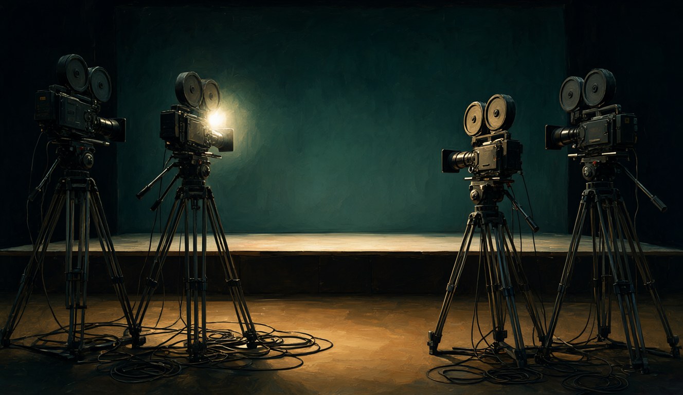 Four cameras pointed at one small empty stage, one camera lit brighter than the others, painterly editorial style
