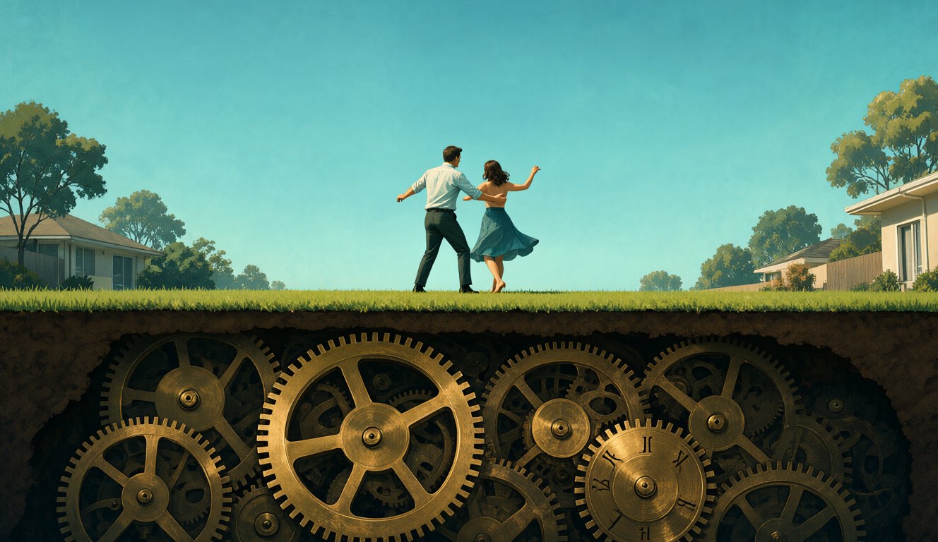 A couple dances on a sunny backyard lawn while huge clockwork gears turn in the ground beneath them