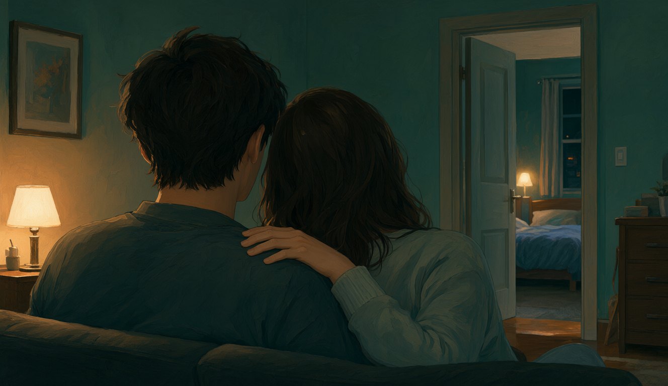 Late at night, a couple sits close on the sofa, a hand resting on a tired shoulder, while a lamp glows in the next room