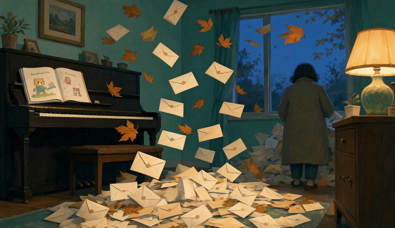 In a family living room at dusk, paper envelopes fall like autumn leaves beside an upright piano