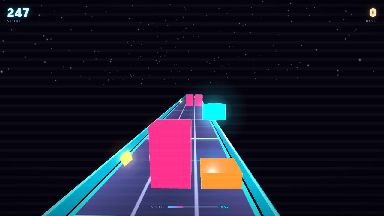 Neon Runner, the 3D game DeepSeek V4.1 Flash-1017 made: a glowing cyan cube jumps over an orange low wall between magenta walls on a neon track
