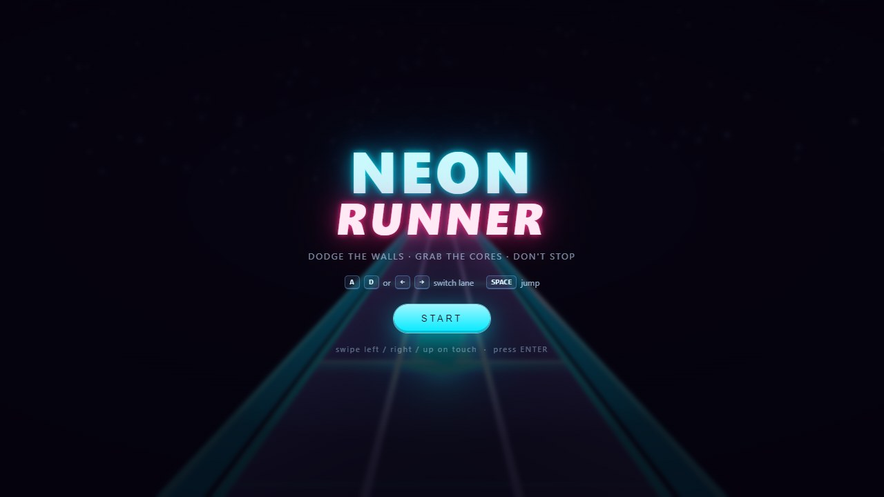 Neon Runner start screen made by DeepSeek V4.1 Flash-1017, with the glowing title, keyboard controls and a Start button over a neon track