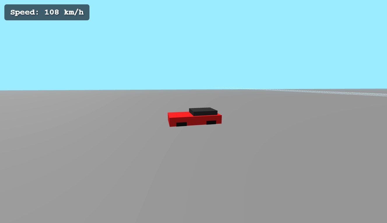 Flint game in play: a red box car on a plain grey road under a flat blue sky, speed 108 km/h