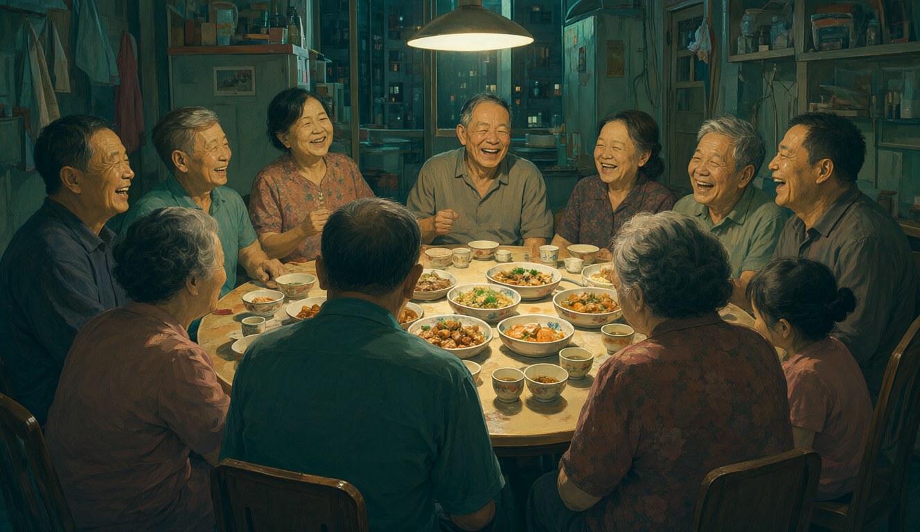 A big Hong Kong extended family around a round dinner table in a small crowded apartment, warm lamp light