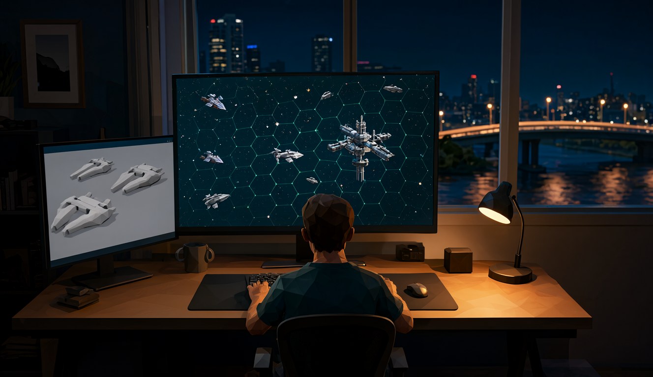 A developer at a desk at night building a space strategy game: a hex star map with ships on one screen, grey 3D ship models on the other, city lights and a river bridge outside