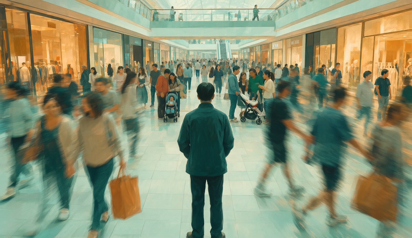 A crowded shopping centre on a weekend, shoppers blurred in motion around one still figure