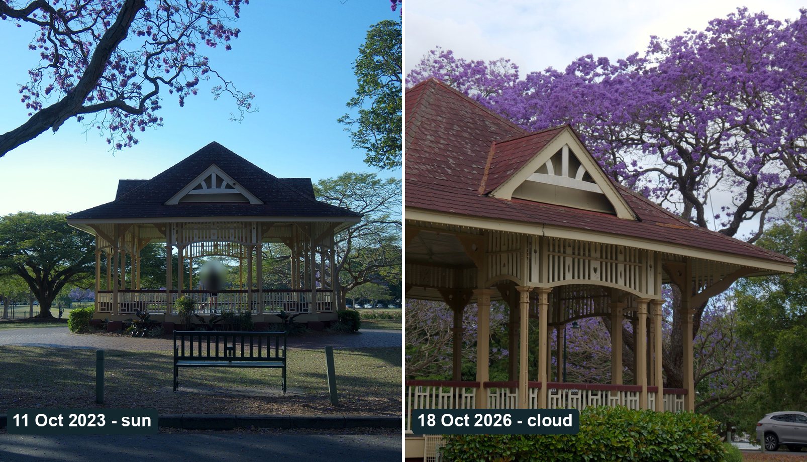 The New Farm Park rotunda in jacaranda season, in sunshine on 11 October 2023 and under grey cloud on 18 October 2026
