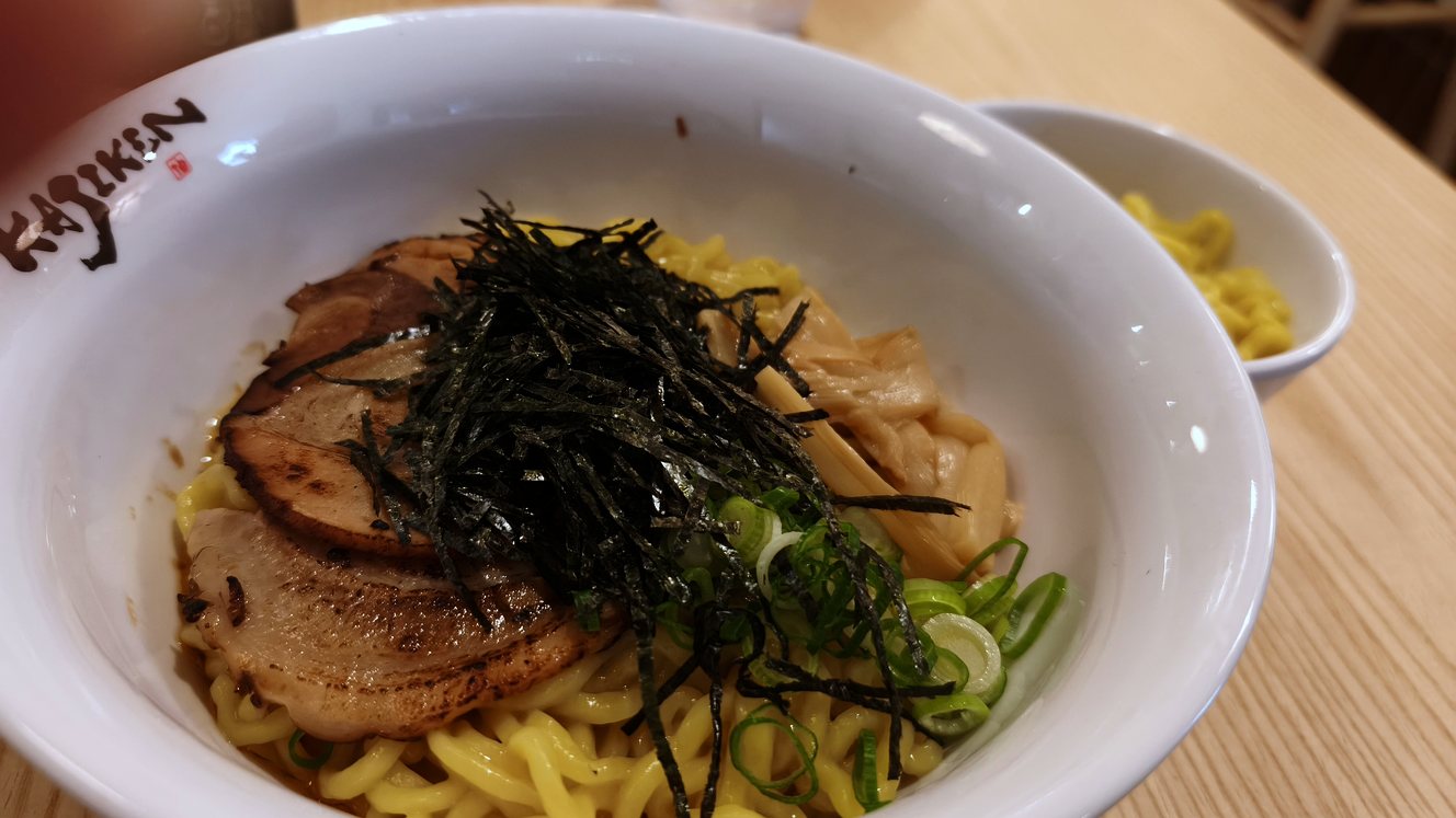 Kajiken Brisbane chashu abura soba: thick wavy noodles with chashu, shredded nori, bamboo shoots and spring onion, with a side bowl of extra noodles