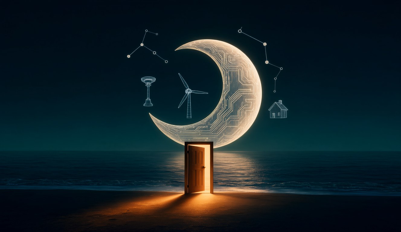 A glowing crescent moon etched with circuit lines rises over a dark sea, with an open wooden door on the beach spilling warm light and wireframe 3D models of a wind turbine, a lamp and a small house floating in the night sky
