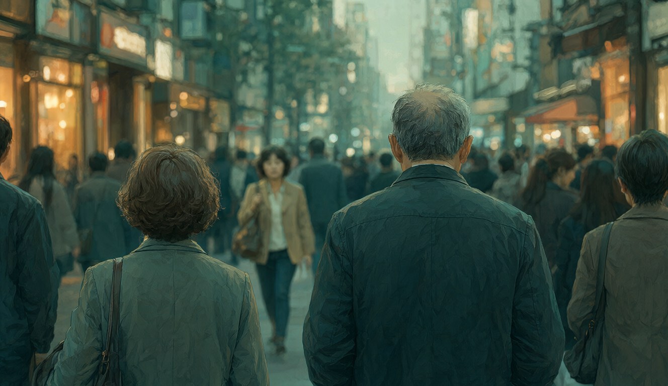 On a busy city street at dusk, a grey-haired man walks away from the camera while a middle-aged woman comes toward him through the crowd