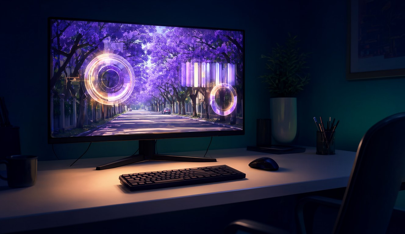 A desk at night with a monitor showing a street of purple jacaranda trees and glowing abstract bars and circles over the picture