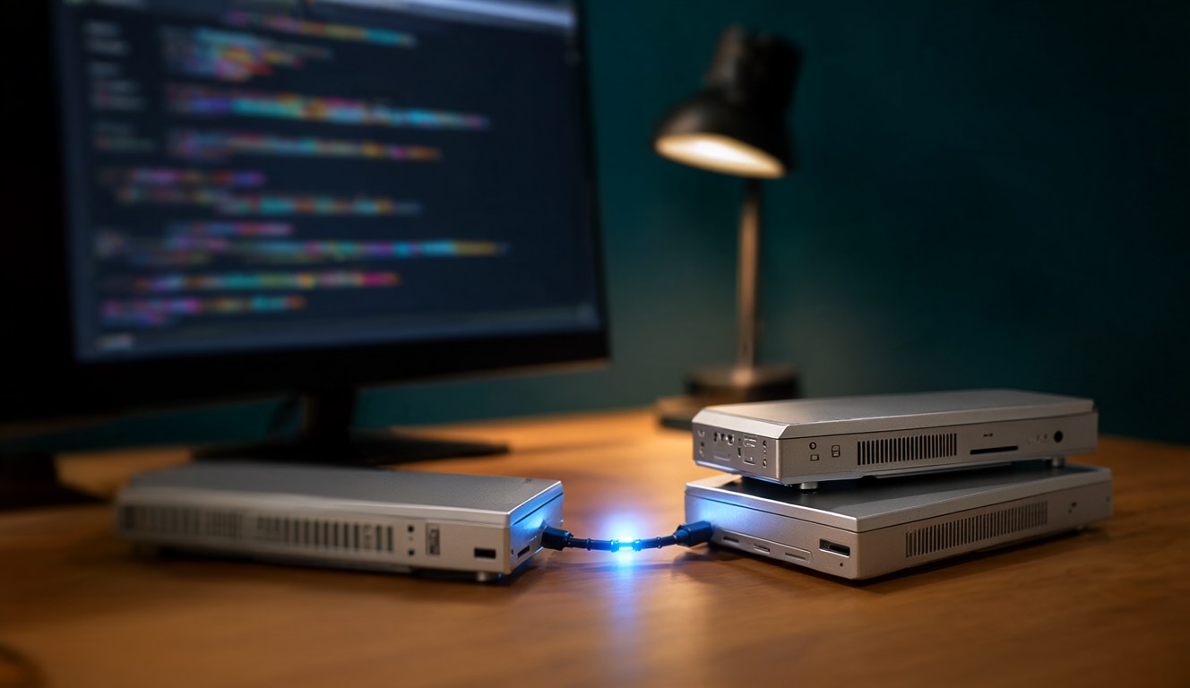 Small silver desktop computers linked by a glowing cable on a studio desk, like the multi-Mac setup Meta describes