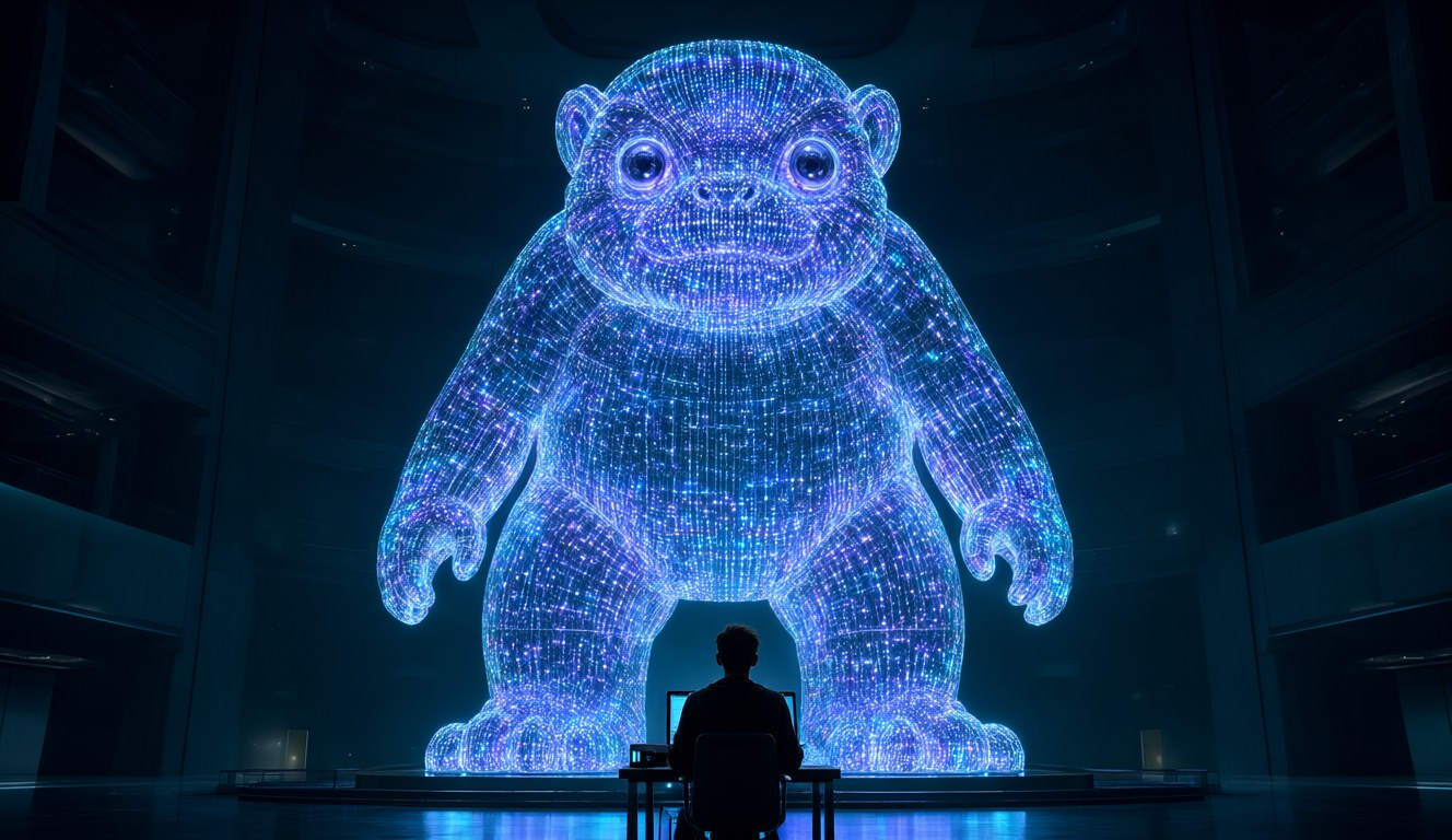 Meta Muse Wonder: a developer looks up at a giant glowing glass ape in a dark hall