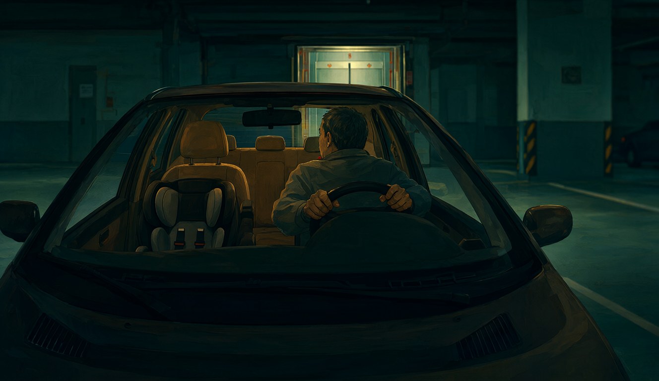 At night in a quiet car park, a middle-aged man sits alone in his parked family car with the engine off before going upstairs