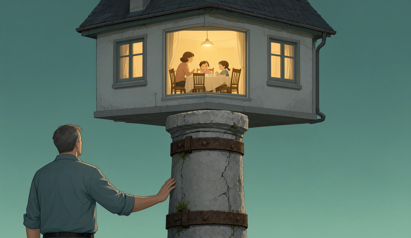 At dusk, a man rests his hand on a cracked stone pillar with old iron bands that holds up his home, while upstairs his family eats dinner beside empty chairs