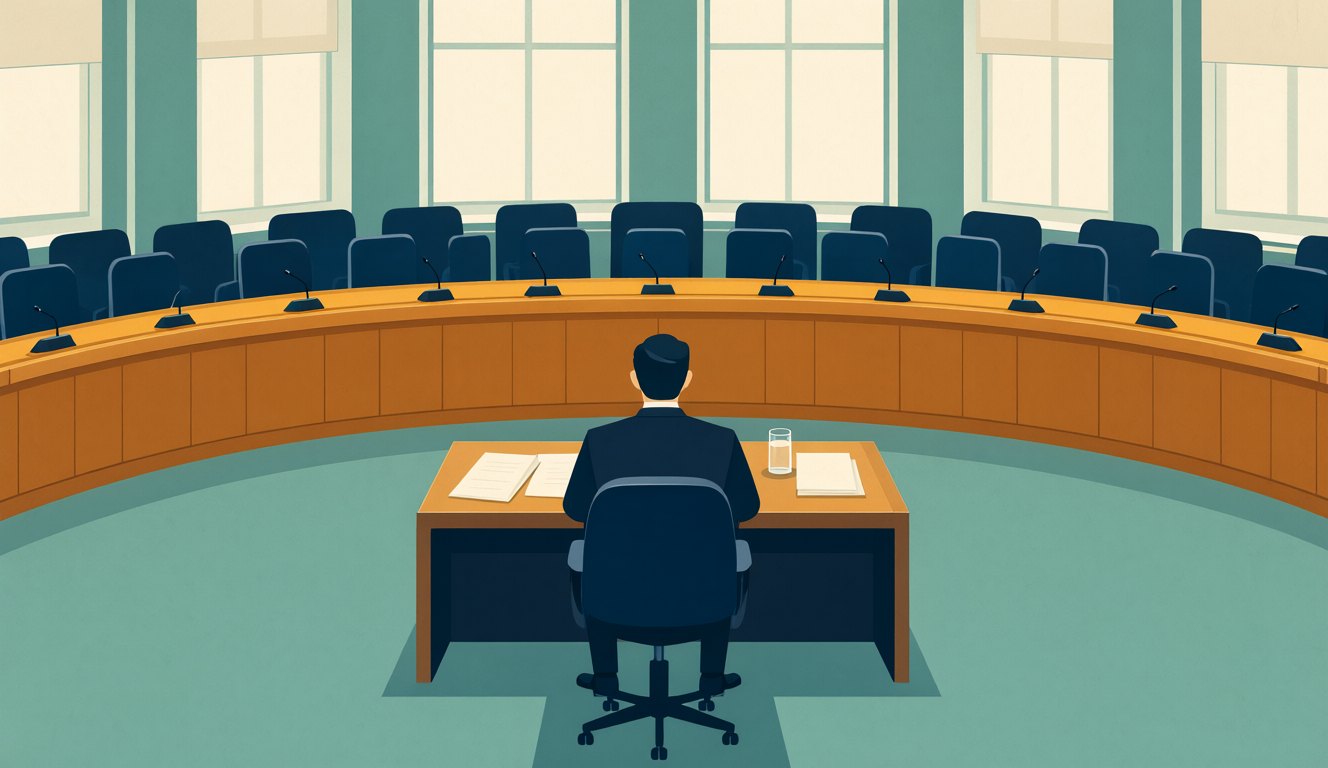 A witness at the table facing a parliamentary committee bench in a hearing room