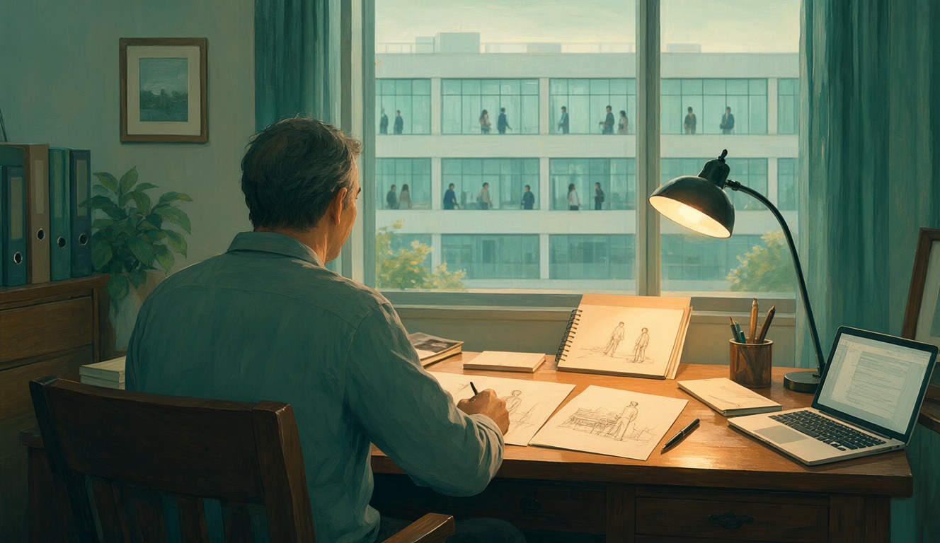 A middle-aged man seen from behind working at his desk under a warm lamp in the early morning, while small figures drift about in an office building outside the window