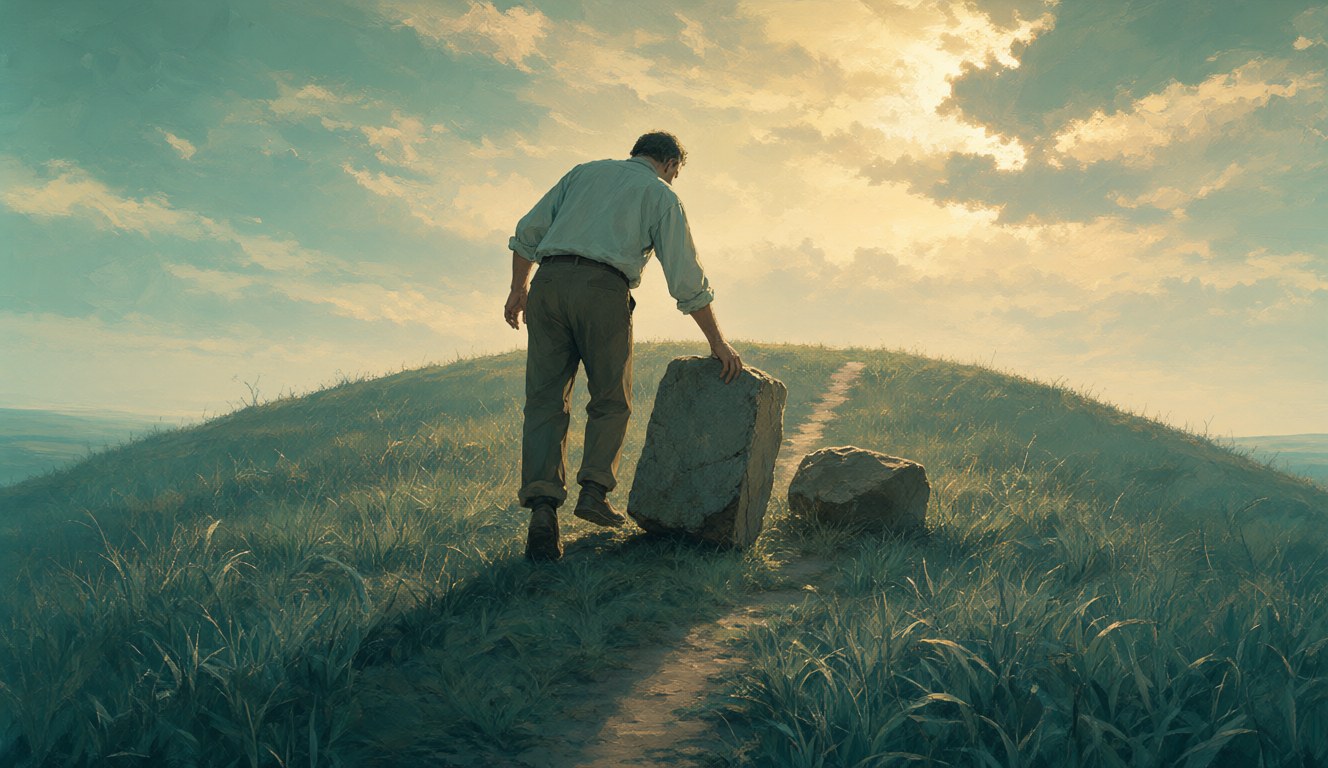 A middle-aged man on a hilltop at dawn setting down a heavy stone, with golden light breaking through the clouds and a path ahead of him