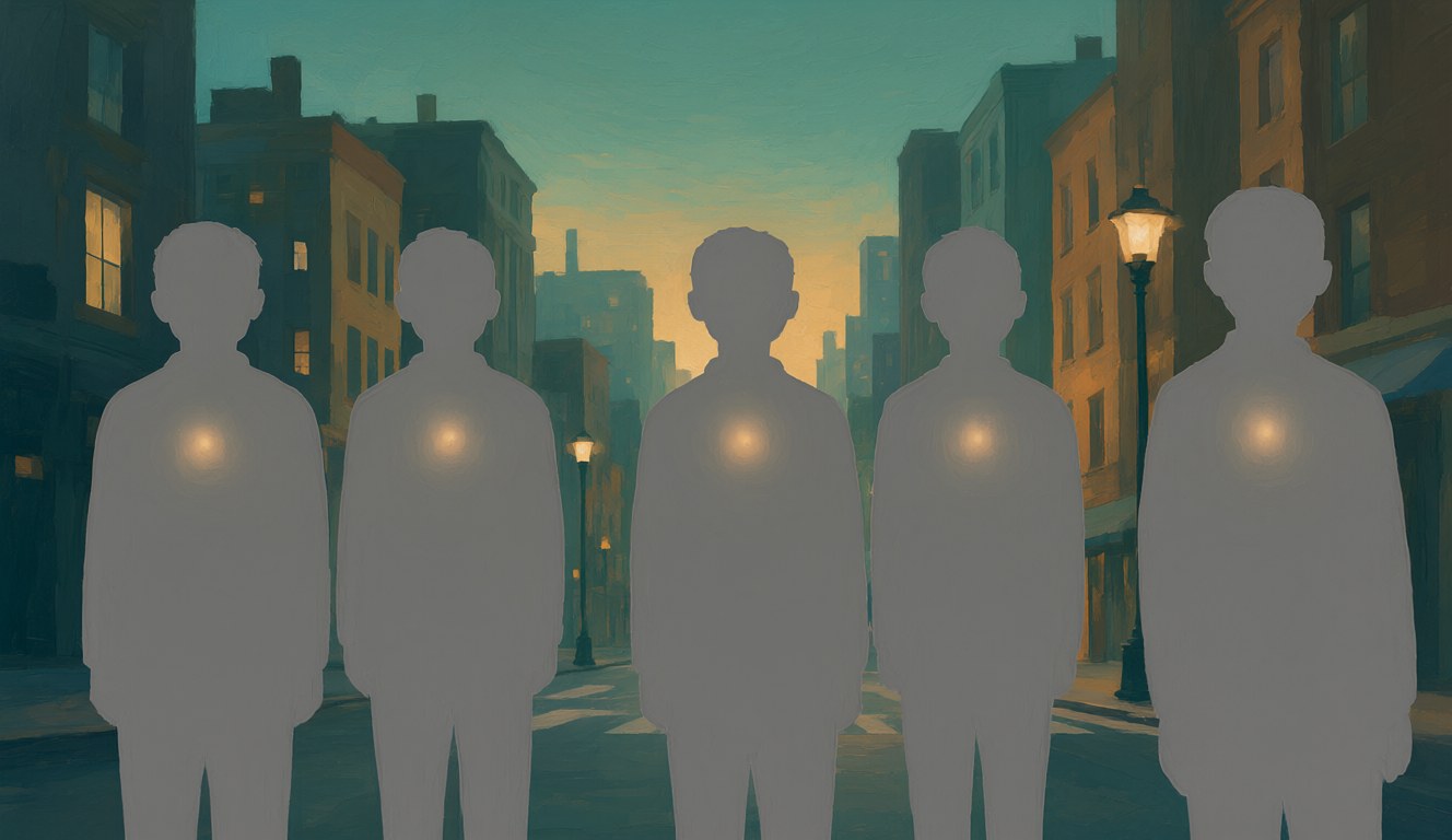 Silhouettes of people on a city street at dusk, each plain and grey on the outside with a faint private glow inside, showing that we only see the surface