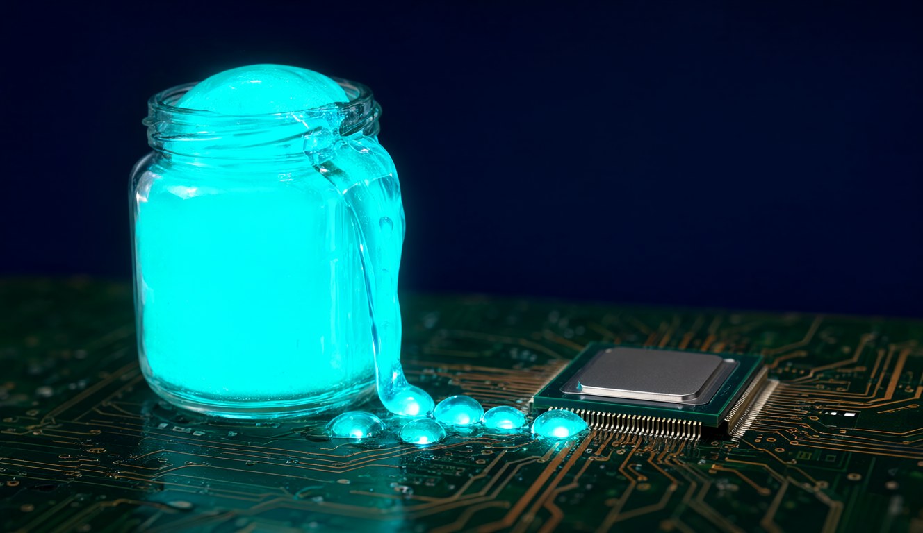 VRAM overflow: a full jar of glowing liquid spilling over a circuit board