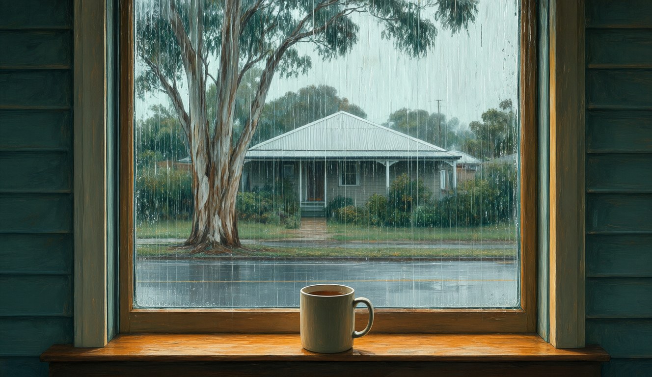 Heavy rain on a quiet Brisbane street seen from inside a Queenslander house, a mug of tea on the windowsill