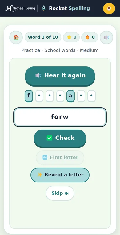 Rocket Spelling on a phone: Hear it again button, letter boxes with the first letter and one more revealed, and a half-typed answer